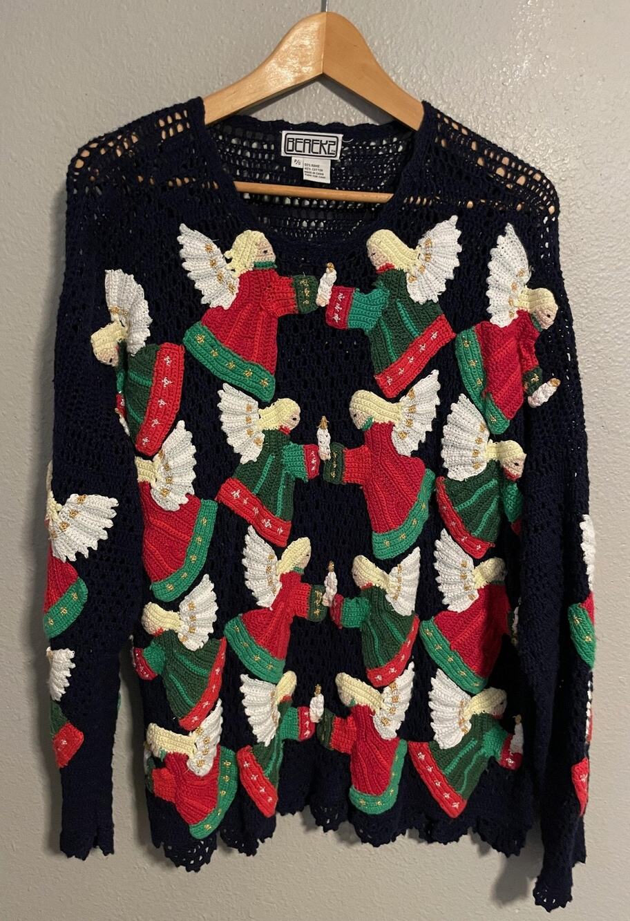 Vintage Berek 2 Sweater Petite Small Angel Embroidered AOP Christmas Artsy 90s